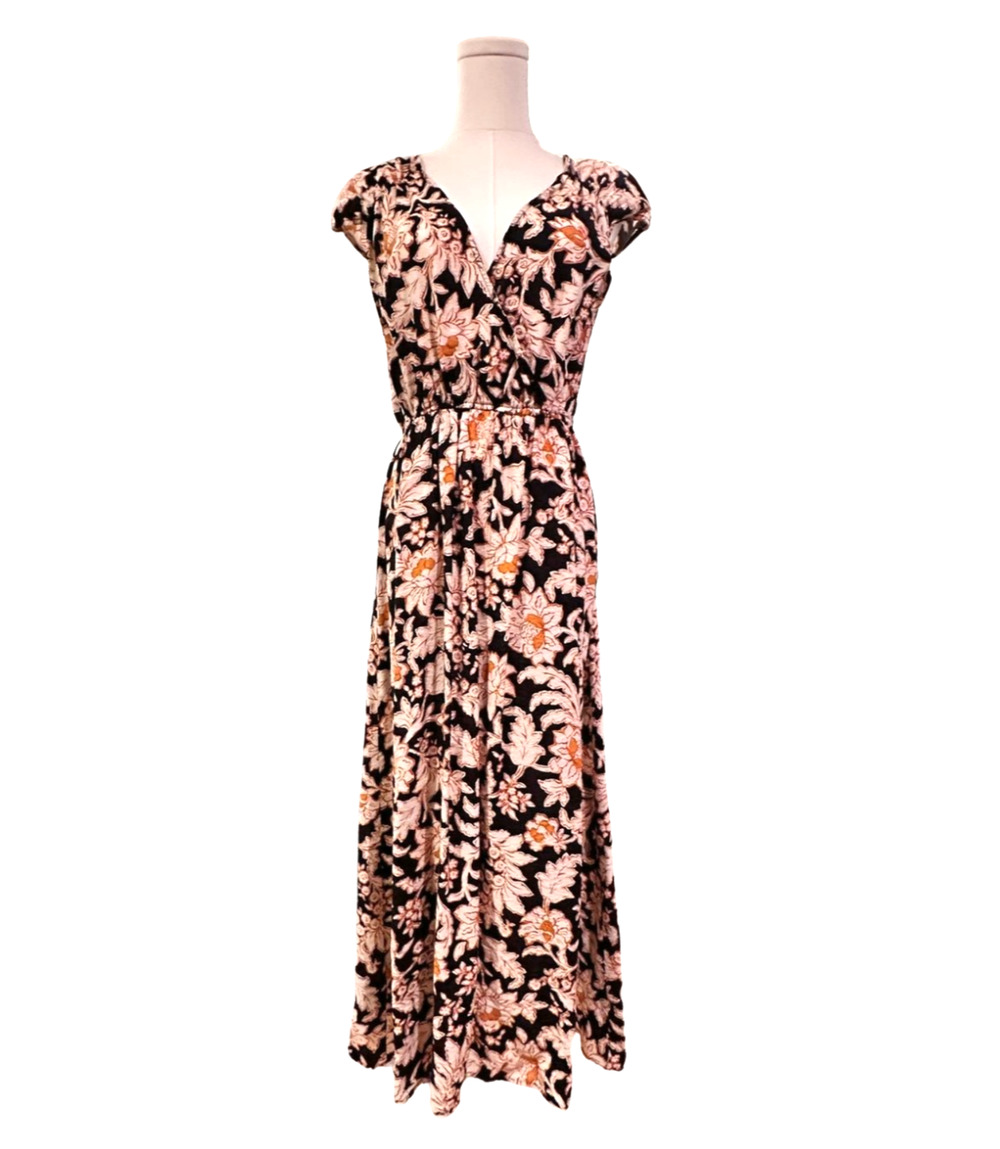 MNG Lightweight Black Floral Faux Wrap V Neck Maxi Dress Cap Sleeve Size 6